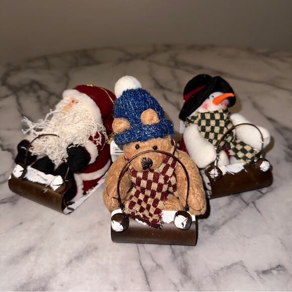 3 NWT Kurt s Adler Country Ornament Set New Santa Snowman Teddy Bear Sleigh - Picture 1 of 6